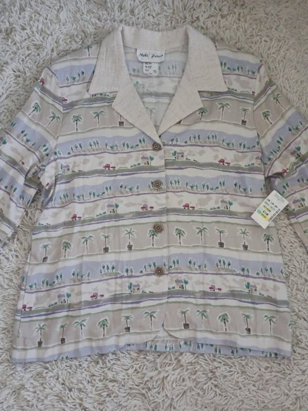 NWT Niki Peters L Rayon Flax (Linen) Scenic Print Jacket USA Palm Tree Cottage